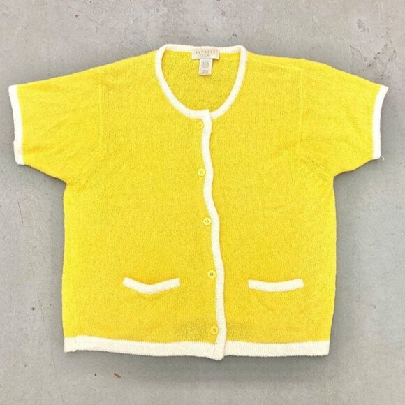 90s vintage yellow knit beach vacation slouchy fun short sleeved button up shirt - Picture 7 of 8